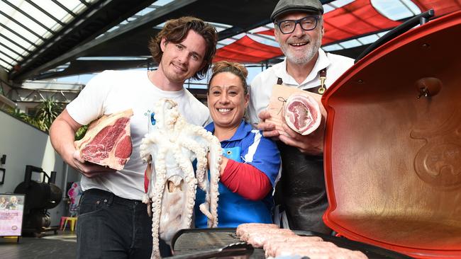 Prahran Market barbecue experts Oliver Haegen from Haegen’s Organics, Anna Samiotis from Prahran Seafoods and Gary McBean from Garry’s Meats. Picture: Josie Hayden