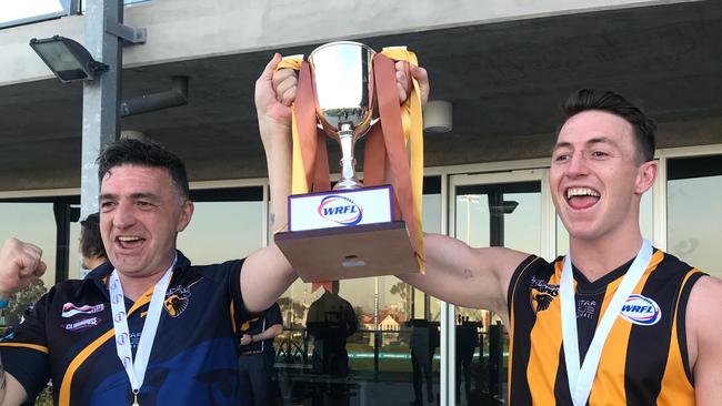 Glen Orden coach Phil Crea and captain Michael Giles show off the silverware. Picture: Kristen Alebakis