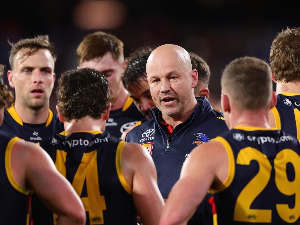 ADELAIDE, AUSTRALIA – JUNE 06: Matthew Nicks, Senior Coach of the Crows during the 2024 AFL Round 13 match between the Adelaide Crows and the Richmond Tigers at Adelaide Oval on June 06, 2024 in Adelaide, Australia. (Photo by Sarah Reed/AFL Photos via Getty Images)