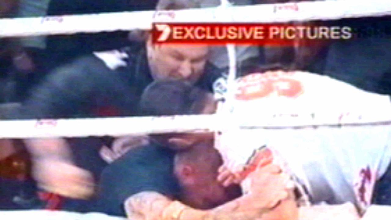 Rival gang members locked in a scuffle during a wild brawl on the Gold Coast in 2006. Picture: Channel 7