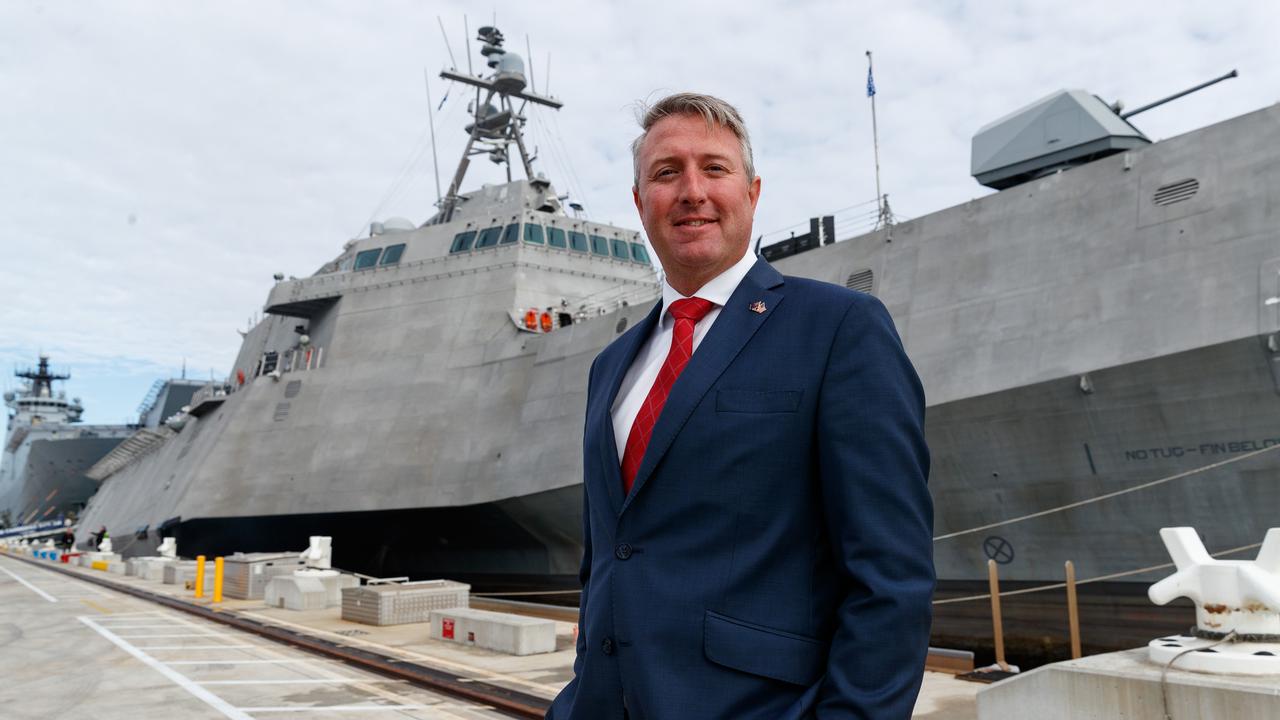 CEO of Austal, Paddy Gregg, with the USS Canberra behind him. Picture: NCA NewsWire / David Swift