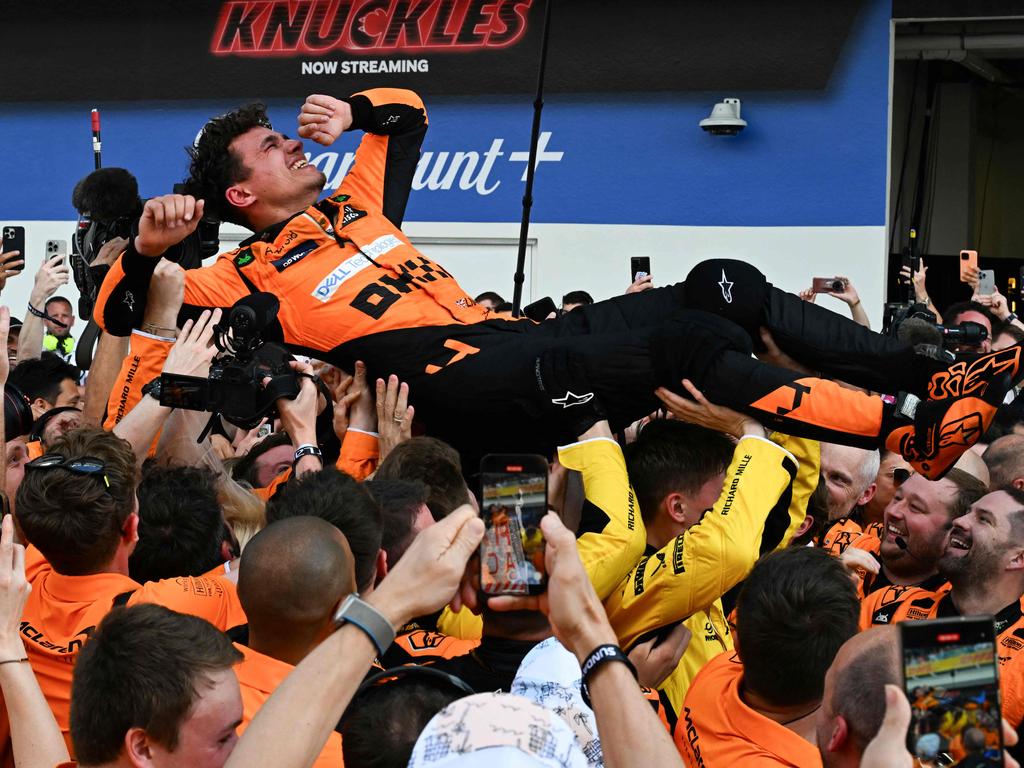 Lando Norris is held aloft after claiming his maiden win. Picture: Giorgio Viera/AFP