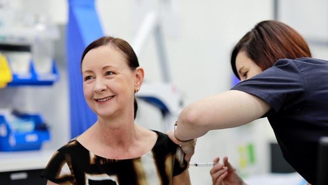 Queensland Health Minister Yvette D’Ath receives a Covid-19 vaccine. Picture: Jack Tran