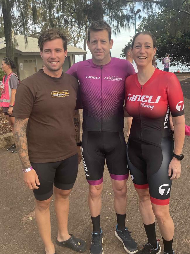 Blaise Powell, Damien and Sil Smith at the Hervey Bay 100 Triathlon on Sunday, November 26, 2023.