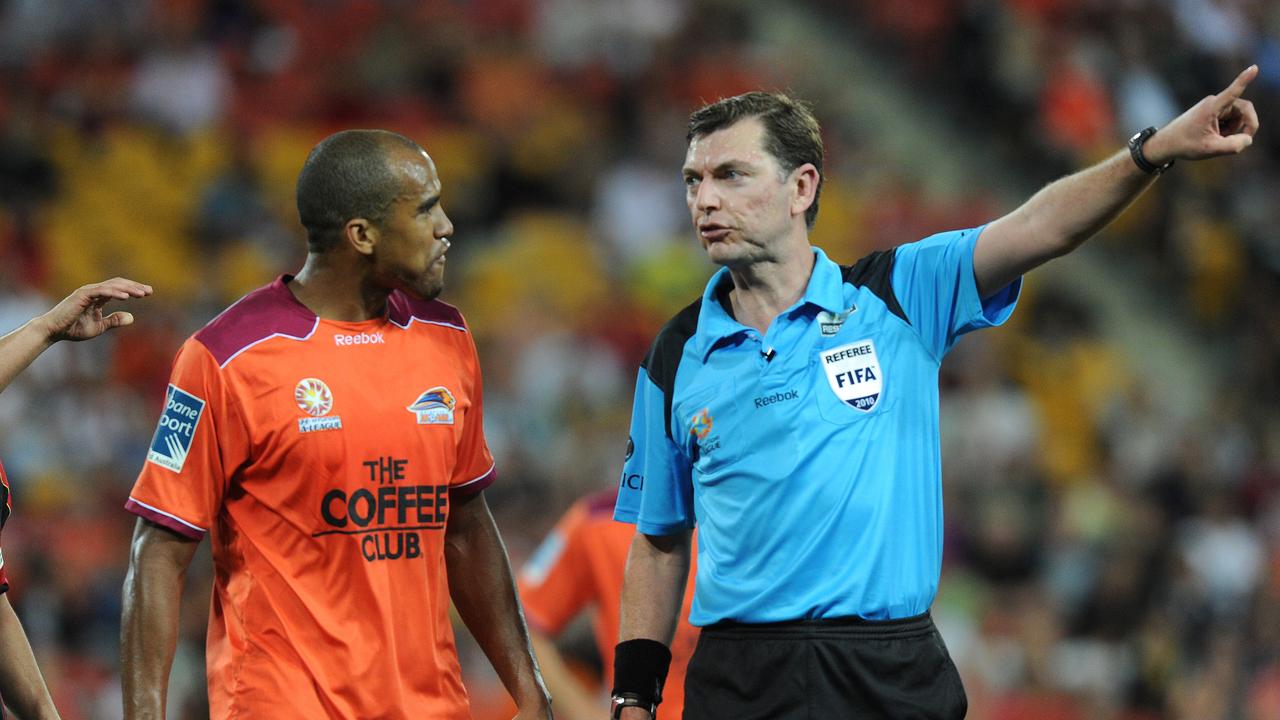 Referee Matthew Breeze sends off then Roar striker Reinaldo in November, 2010. Picture: AAP Image/Dave Hunt N