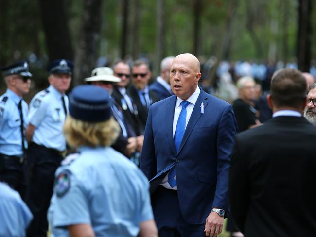 Federal Opposition Leader Peter Dutton at the memorial service with full police honours for constables Rachel McCrow and Matthew Arnold at Brisbane Entertainment Centre. Picture: David Clark