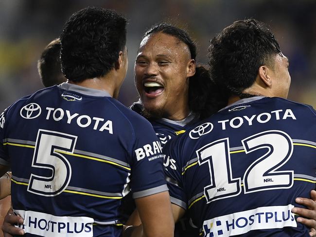 TOWNSVILLE, AUSTRALIA - AUGUST 19:  Luciano Leilua of the Cowboys celebrates after scoring a try  during the round 23 NRL match between the North Queensland Cowboys and the New Zealand Warriors at Qld Country Bank Stadium, on August 19, 2022, in Townsville, Australia. (Photo by Ian Hitchcock/Getty Images)