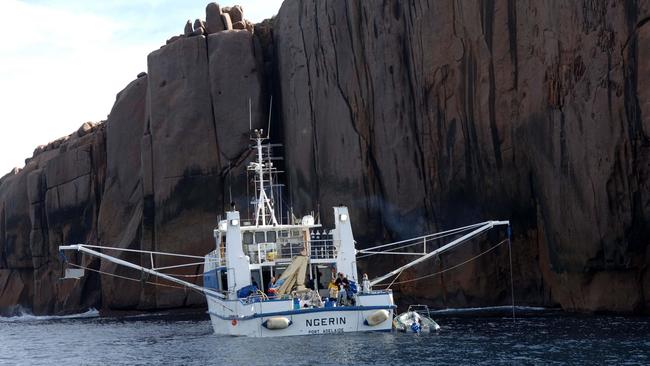 The sheer cliffs of Pearson Island above research ship The Ngerin.