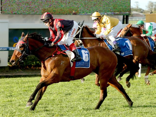 Race 8. Luke Tarrant rides No 6, You Did What to win race 8, Sky International Handicap at Doomben Racecourse. Pic Mark Cranitch.