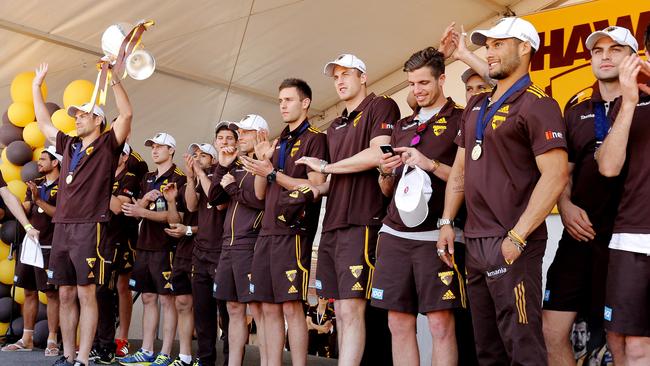 No Hawthorn player was permitted to wear sunglasses on stage the day after celebrating the premiership victories. Picture: Wayne Ludbey