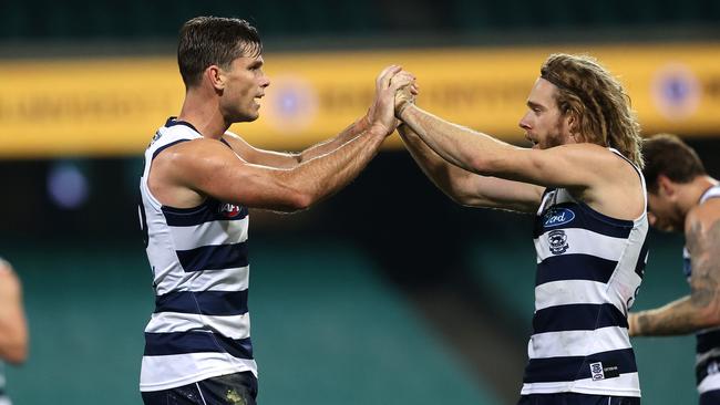 Tom Hawkins booted three goals on Harris Andrews. Picture: Phil Hillyard