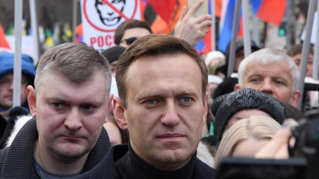 Russian opposition leader Alexei Navalny takes part in a march in February in memory of murdered Kremlin critic Boris Nemtsov in Moscow. Picture: AFP