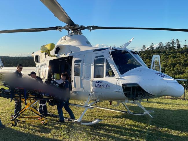 The Bundaberg-based RACQ LifeFlight Rescue helicopter crew has taken a man to hospital, after he was injured in a quad bike crash.