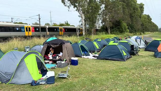 Tents set up near the Brisbane Entertainment Centre ahead of the Billie Eilish concert.