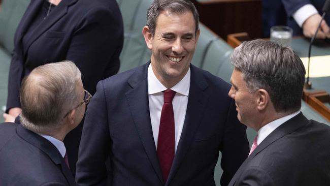 The drama over a potential new super tax has engulfed Treasurer Jim Chalmers, centre, PM Anthony Albanese, left, and deputy PM Richard Marles. Picture: Gary Ramage.