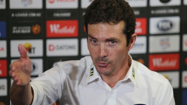 ADELAIDE, AUSTRALIA - DECEMBER 06: Guillermo Amor coach of Adelaide talks to the media during the round nine A-League match between Adelaide United and Perth Glory at Coopers Stadium on December 6, 2015 in Adelaide, Australia. (Photo by James Elsby/Getty Images)