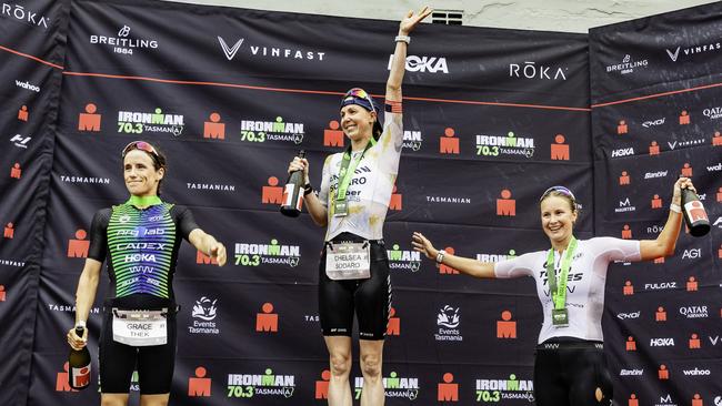 Winners of the female Ironman 70.3 Tasmania in Hobart on Sunday 4th February 2024. L-R Grace Thek 2nd, Chelsea Sodaro 1st, and Hanne De Vet 3rd. Picture: Linda Higginson