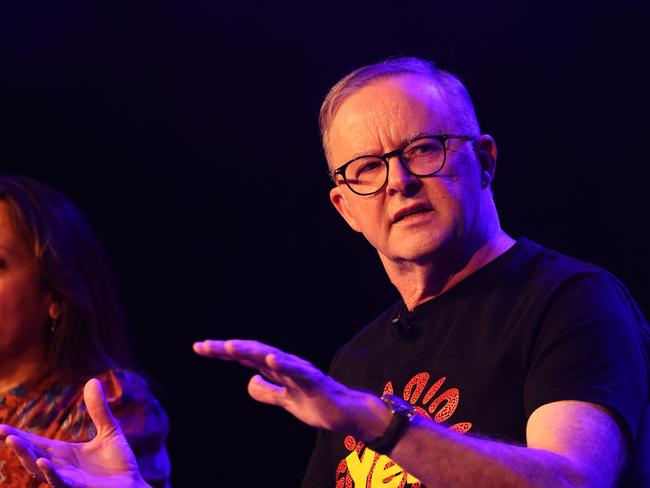 SYDNEY, AUSTRALIA - NewsWire Photos SEPTEMBER 28 2023. Prime Minister of Australia Anthony Albanese speaks on stage at The West Says Yes event at The Factory Theatre in Marrickville, in support of the indigenous voice to parliament. Picture: NCA NewsWire / Max Mason-Hubers