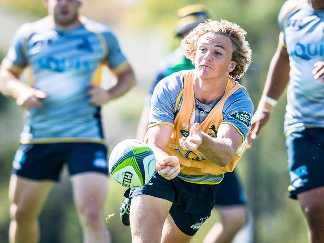 Brumbies halfback Joe Powell works out at training.