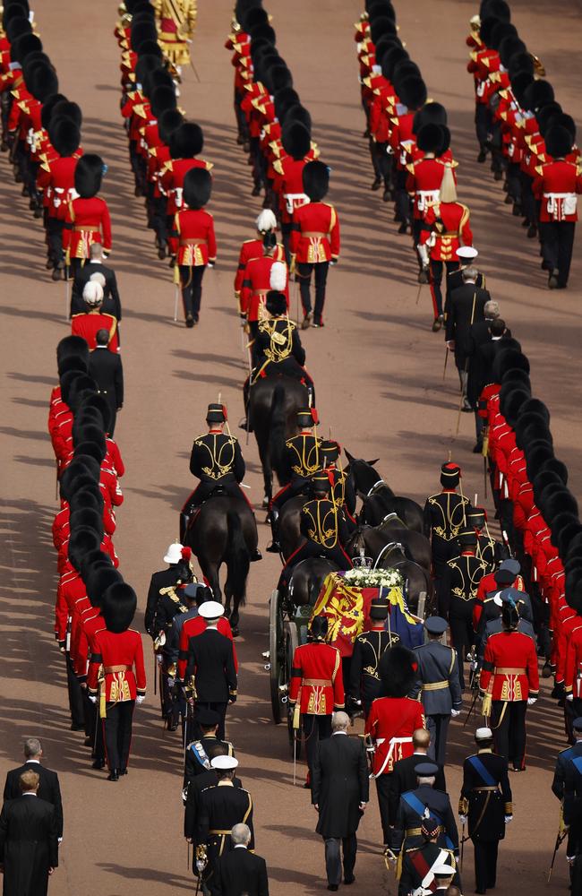 Members of the royal family follow the Queen’s coffin up the Mall. Picture: Getty Images.