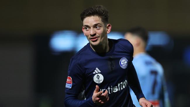 Oakleigh’s Emlyn Wellsmore celebrates scoring against Sydney FC. Picture: Daniel Pockett/Getty Images