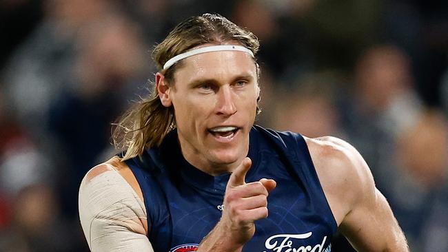 Mark Blicavs celebrates a goal against the Western Bulldogs. Picture: Michael Willson/AFL Photos via Getty Images.