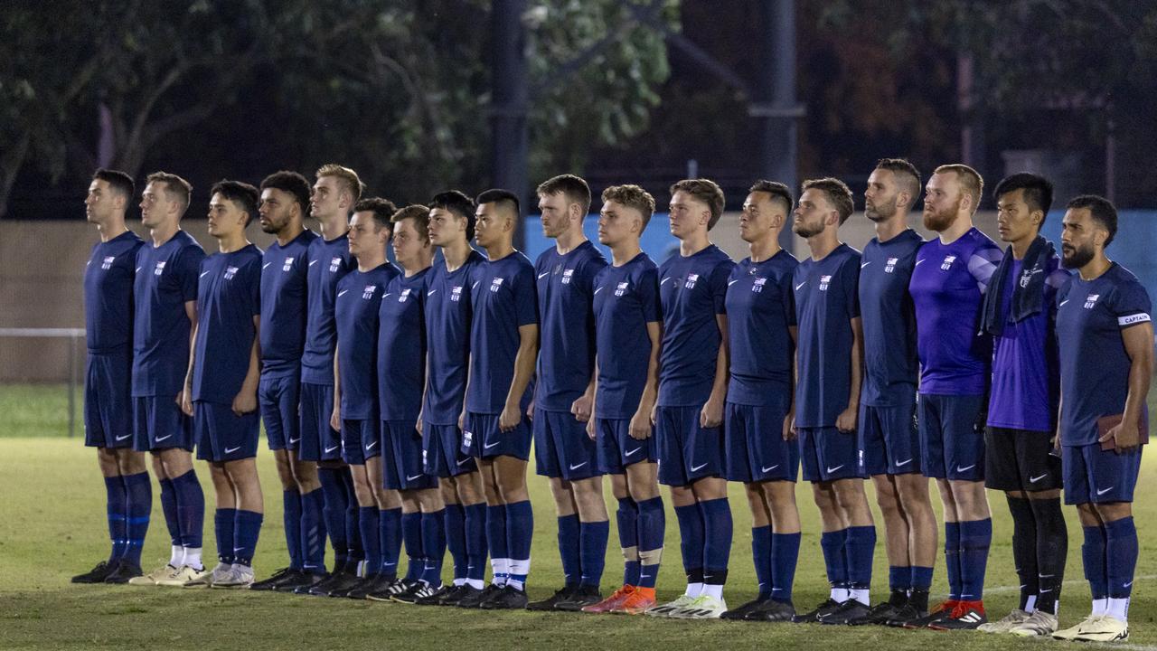 Players from the Royal Australian Navy men's soccer team line up. Picture: Supplied.