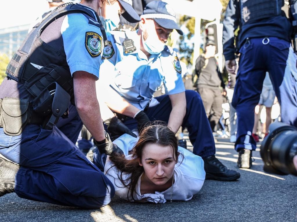 A protester is arrested by the police during the anti-lockdown rally. Picture: NCA NewsWire/Flavio Brancaleone