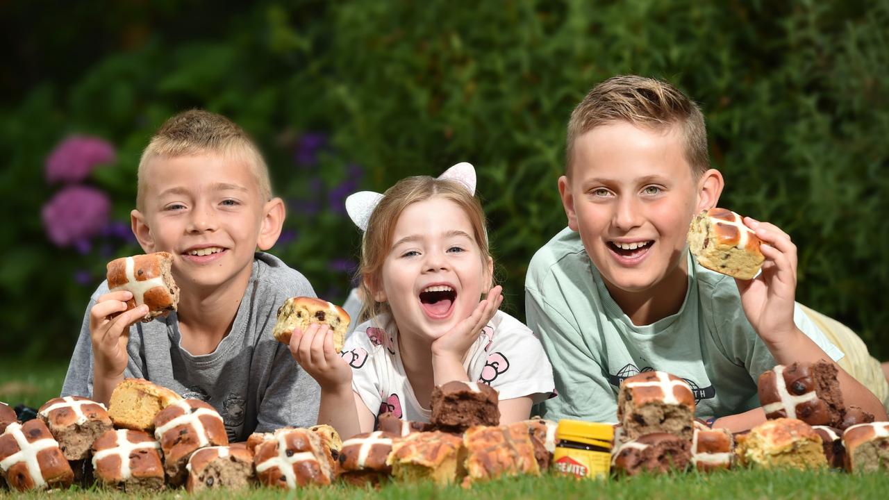 Leo James, 9, Ava Pennell, 5, and Jasper Pennell, 8, taste test the range. Picture: Nicki Connolly