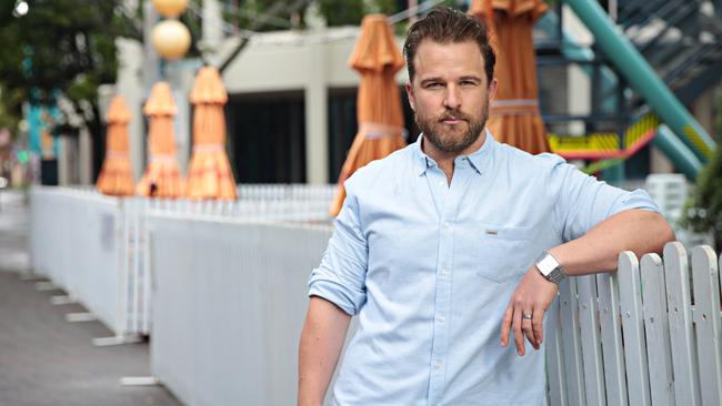 Matt Clifton at his new pop-up bar Market Lane live in Manly. Picture: Adam Yip