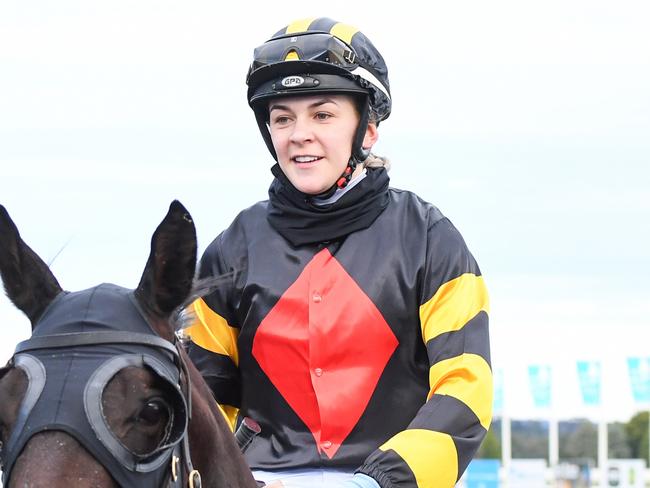 Catadude ridden by Celine Gaudray returns to the mounting yard after winning  the Hygain Winners Choice BM58 Handicap at Sportsbet-Ballarat Synthetic Racecourse on August 10, 2021 in Ballarat, Australia. (Pat Scala/Racing Photos via Getty Images)