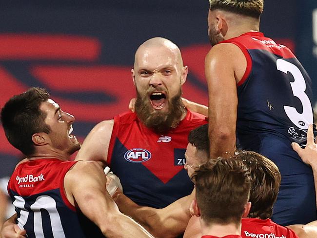 GEELONG, AUSTRALIA - AUGUST 21, 2021:    Max Gawn of the Demons celebrates after kicking a goal after the final siren to give the Demons a 4 point win over  Geelong  at the GMHBA Stadium, on August 20, 2021, in Geelong, Australia. (Photo by Michael Klein)