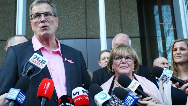 Lyn’s brother Greg Simms and wife Merilyn outside court after the guilty verdict in Chris Dawson’s murder trial. Picture: Getty Images