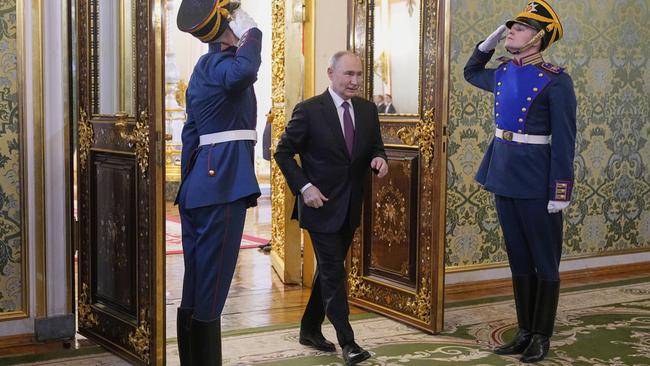 Vladimir Putin arrives for a meeting with Yemeni presidential leadership council chairman Rashad al-Alimi at the Kremlin on Wednesday. Picture: Getty Images