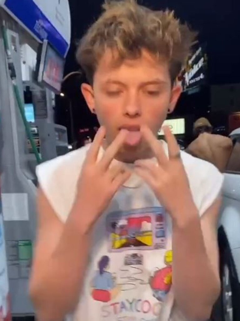 In it, he makes a hand gesture to symbolise oral sex, which Kelsey points out is ‘not how you do it’. Picture:TikTok/KelseySneddon