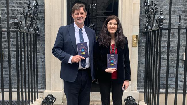 Groundswell Foundation chairman Martin Blake with Chloe Westley, the UK Prime Ministers Spokesman for Mental Health and Head of Social Media outside 10 Downing Street in London.