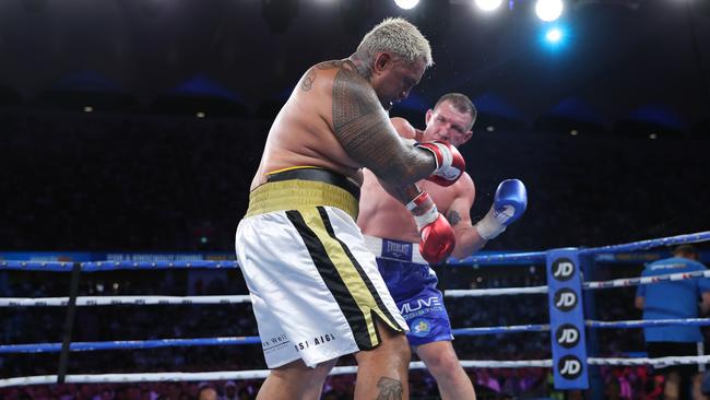 Paul Gallen in action during his fight with Mark Hunt. Picture: Christian Gilles