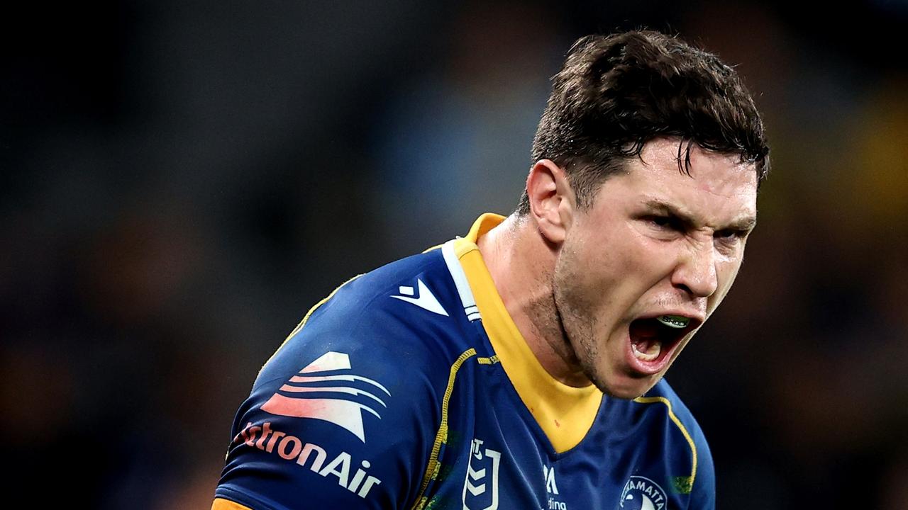 SYDNEY, AUSTRALIA - JULY 16: Mitchell Moses of the Eels reacts after successfully kicking a try conversion during the round 20 NRL match between Parramatta Eels and Gold Coast Titans at CommBank Stadium on July 16, 2023 in Sydney, Australia. (Photo by Brendon Thorne/Getty Images)
