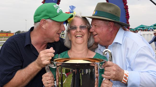 Allan Endresz, Robyn and Jeff Simpson celebrate Alligator Blood’s victory at the Magic Millions race day at the Gold Coast Turf Club in 2020. Picture: Steve Holland