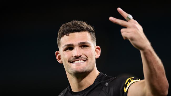 SYDNEY, AUSTRALIA - OCTOBER 02: Nathan Cleary of the Panthers celebrates winning the 2022 NRL Grand Final match between the Penrith Panthers and the Parramatta Eels at Accor Stadium on October 02, 2022, in Sydney, Australia. (Photo by Cameron Spencer/Getty Images)