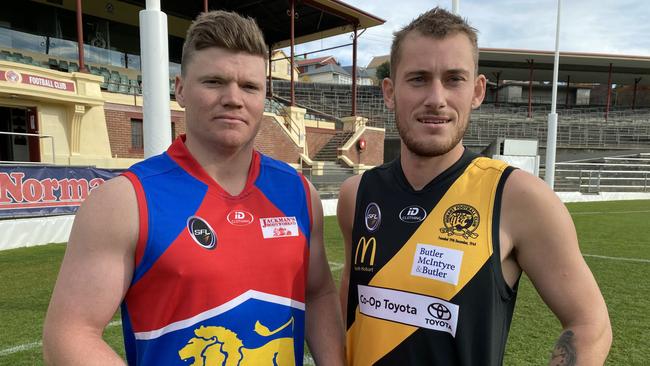 SFL captains James McIndoe (Huonville), left, and Brad Joseph (Hobart) will feature in a top-of-the-table clash at the TCA on Saturday. Picture: James Bresnehan