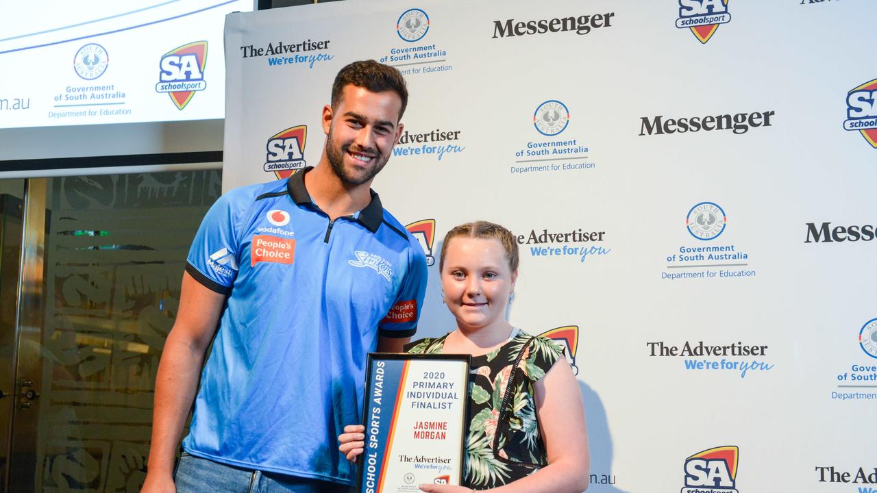 Cricketer Wes Agar with finalist Jasmine Morgan from McDonald Park School at The School Sports Awards at the SA Museum. Picture: Brenton Edwards