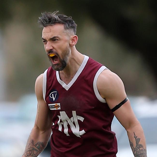 Nullawil’s Andrew Oberdorfer celebrates a goal.