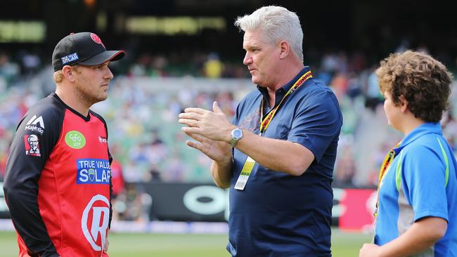 Dean Jones talks to Melbourne Renegades captain Aaron Finch before a Big Bash game