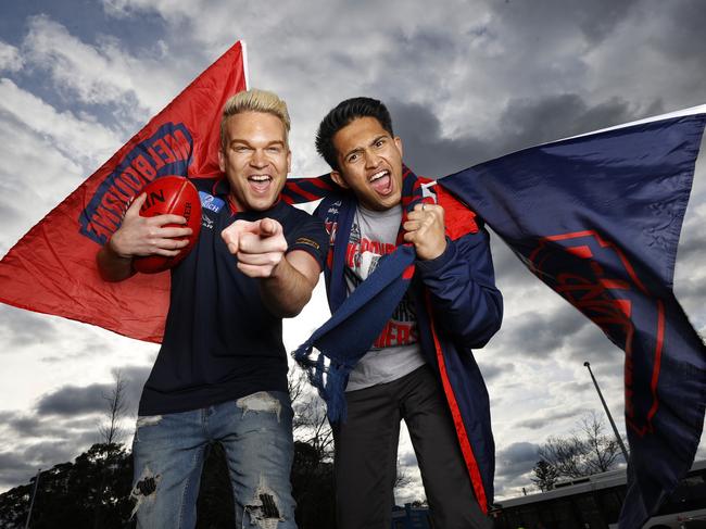 HOLD FOR MONDAY HERALD SUNÃÃMelbourne football cheer squad fans Ryan Sinclair and Amal Madhusoodanan,  for story about push for the AFL to give more grand final tickets to competing club members.   Picture: Alex Coppel.