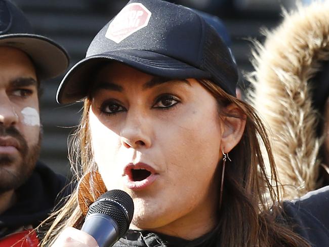 Thousands attend NAIDOC March in Melbourne CBD. Greens MP Lidia Thorpe speaks to the crowd during a stop at Parliament House.  Picture: David Caird