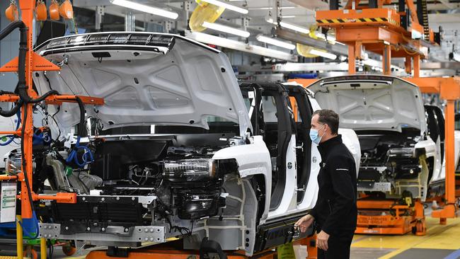 GMC Hummer EVs on an assembly line at the General Motors Factory ZERO electric vehicle assembly plant in Detroit, Michigan. Picture: AFP