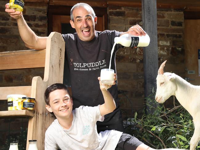 HOLD FOR SUNDAY HERALD SUN------Tolpuddle Goat Farm owner Donavan Jacka and his son Harvey, 12, enjoying their new life in Wangaratta. Picture: Alex Coppel.