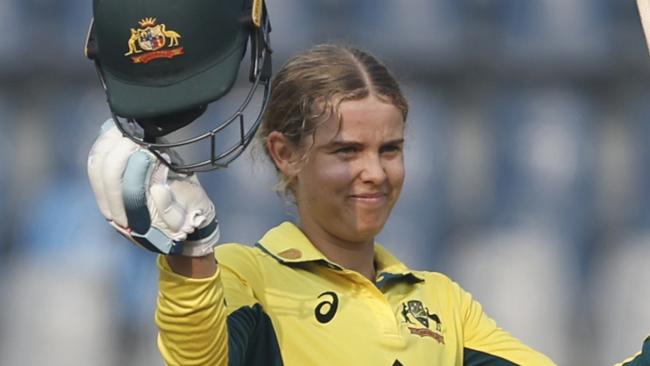 MUMBAI, INDIA - JANUARY 2: Phoebe Litchfield of Australia celebrates after scoring a hundred during the women's One Day International Match between India and Australia at Wankhede Stadium on January 2, 2024 in Mumbai, India. (Photo by Pankaj Nangia/Getty Images)