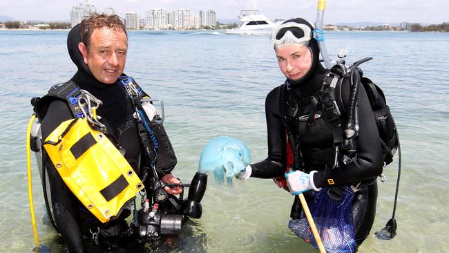 Marine Expert Ian Banks of the Gold Coast with Dr Healy Hamilton of the USA and the chief scientist for NatureSearch pictured at The Spit. Picture: Mike Batterham